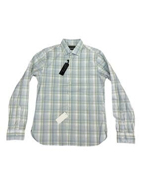Bloomingdales Mens Slim Fit Plaid Casual Stretch Button Down Shirt Sage Blue S